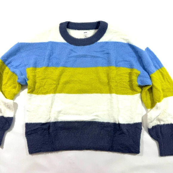 NWOT Aerie Flurry Crewneck Striped Sweater Blue Yellow - Picture 2 of 8